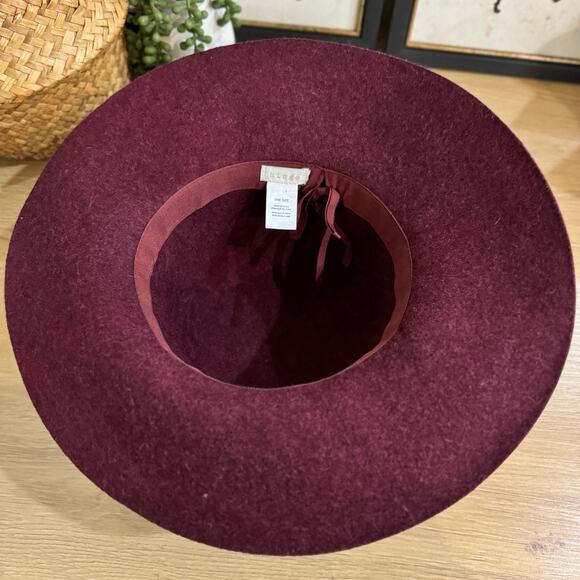 HINGE Nordstrom Feather Trimmed Floppy Wool Hat One Size Burgundy Tan Adjustable - Picture 6 of 8